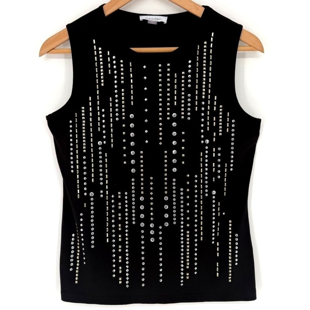 Calvin Klein Black Studded Rhinestone Embellished Sleeveless Top PS Edgy Capsule